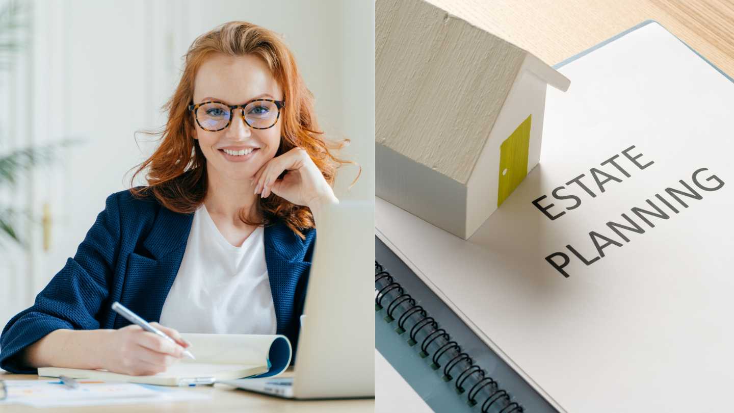 Woman sitting at a desk with a computer on left notebook on right with "Estate Planning" for singles and estate plans.